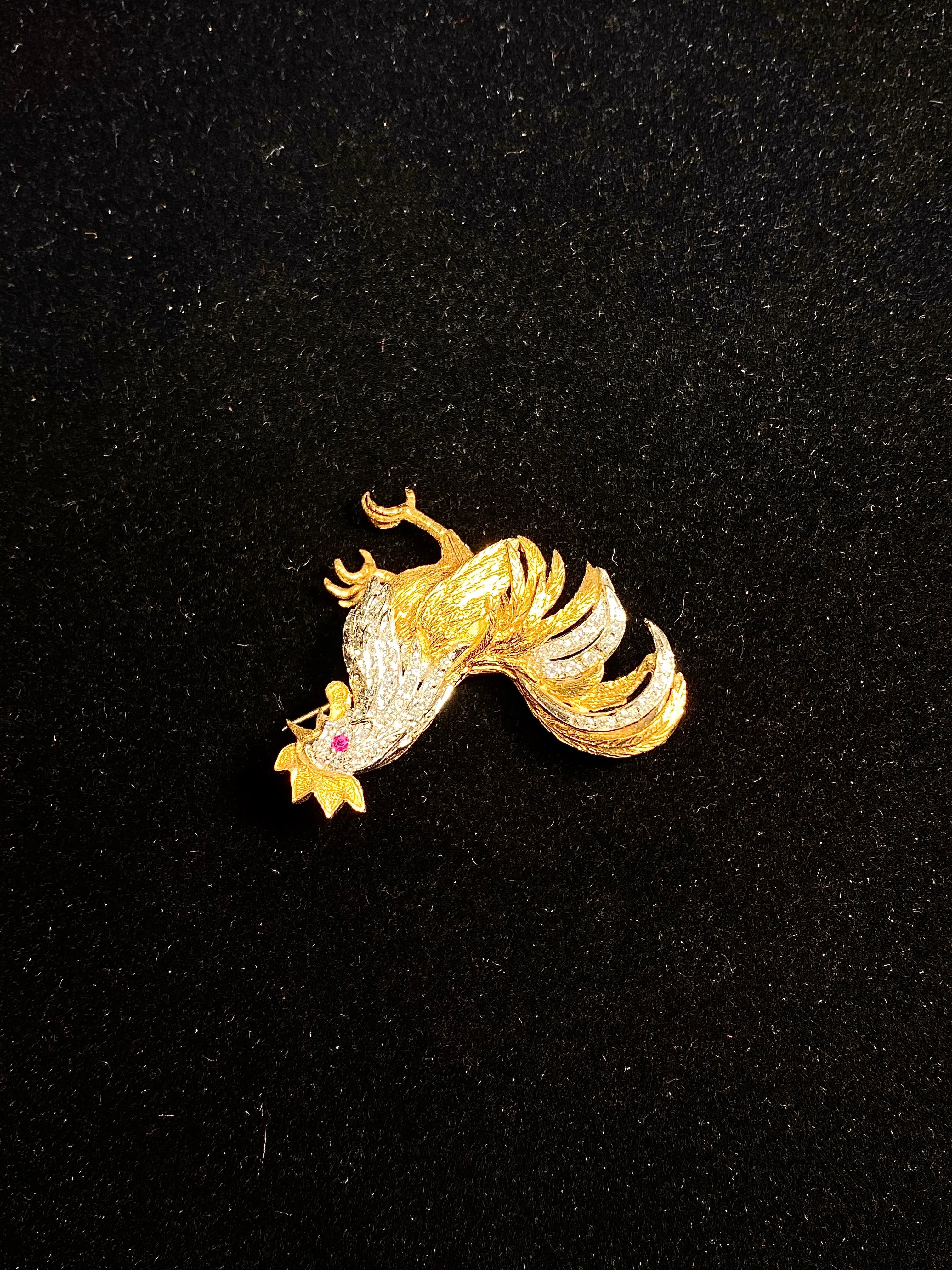 Art Deco Style 18KYG Rooster Chicken 11 Diamond/Ruby Brooch/Pin w $20K COA !!!}