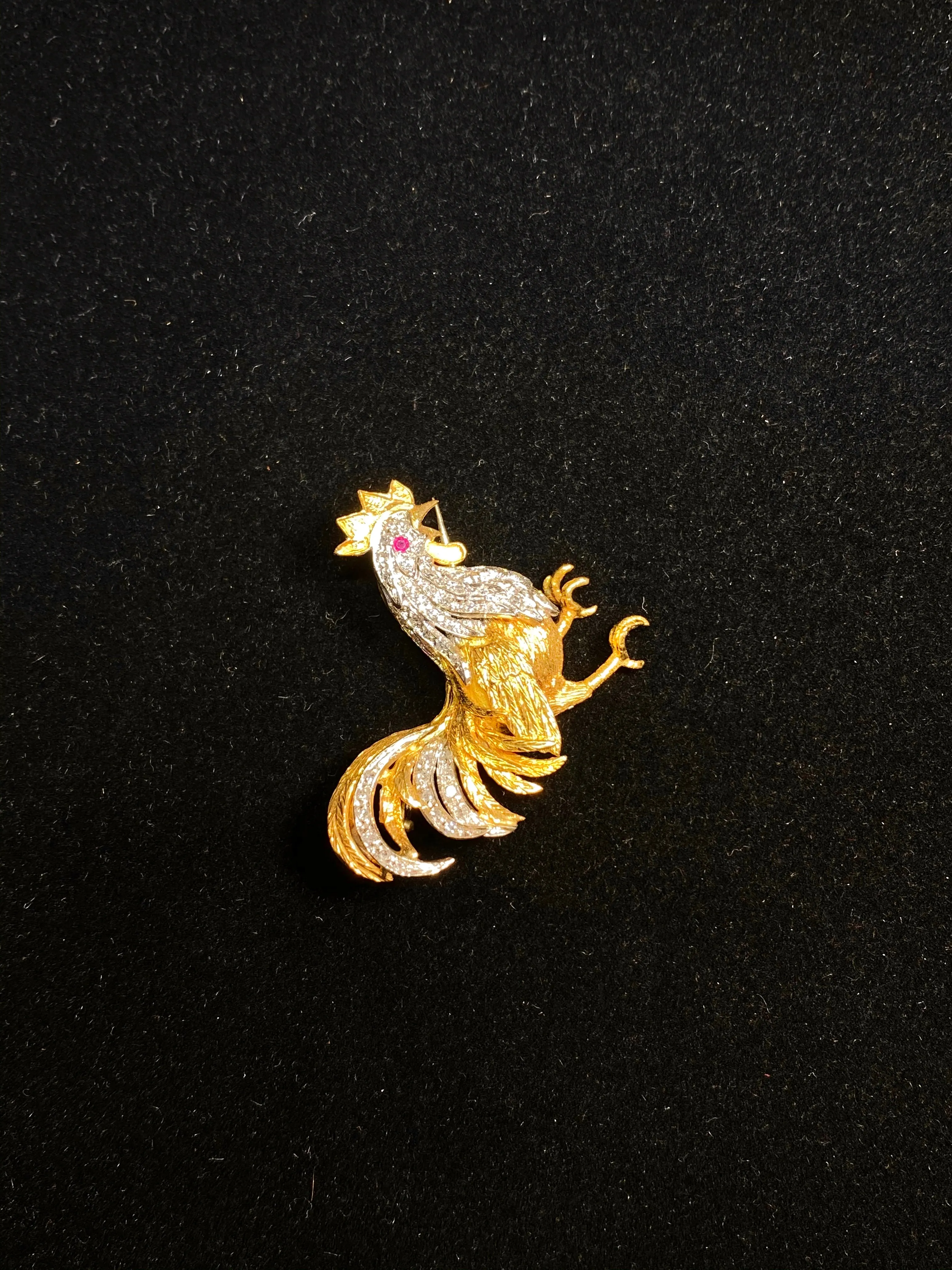 Art Deco Style 18KYG Rooster Chicken 11 Diamond/Ruby Brooch/Pin w $20K COA !!!}