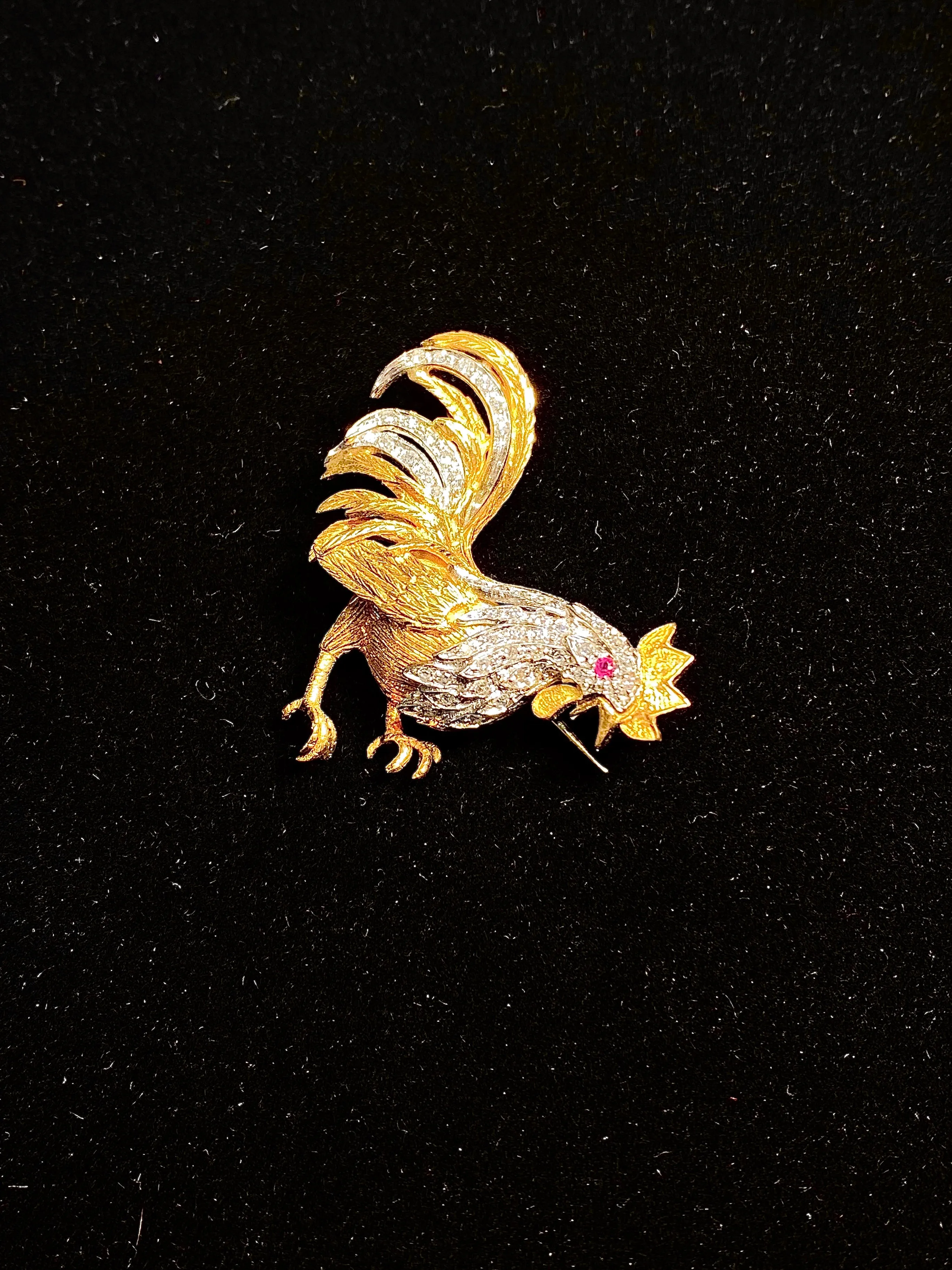 Art Deco Style 18KYG Rooster Chicken 11 Diamond/Ruby Brooch/Pin w $20K COA !!!}