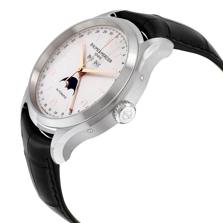 Baume and Mercier Clifton Silver Dial Moonphase Black Alligator Leather Men's Watch 10055