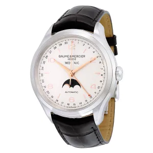 Baume and Mercier Clifton Silver Dial Moonphase Black Alligator Leather Men's Watch 10055