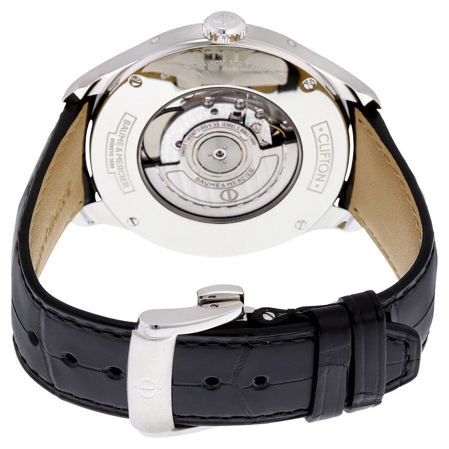 Baume and Mercier Clifton Silver Dial Moonphase Black Alligator Leather Men's Watch 10055