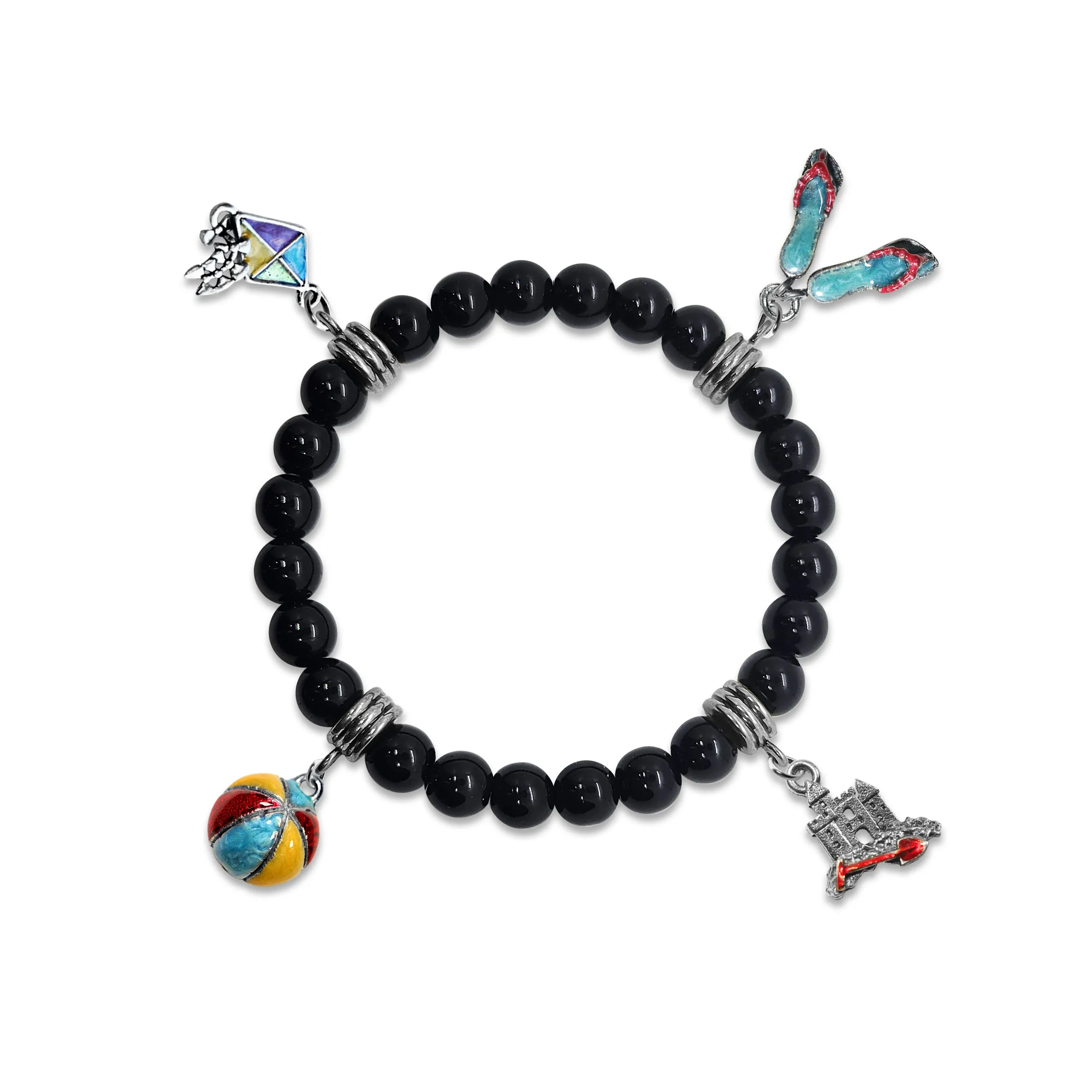 Beach Fun Genuine Onyx Charm Bracelet | Handmade in USA | 4 Hand-Painted Charms