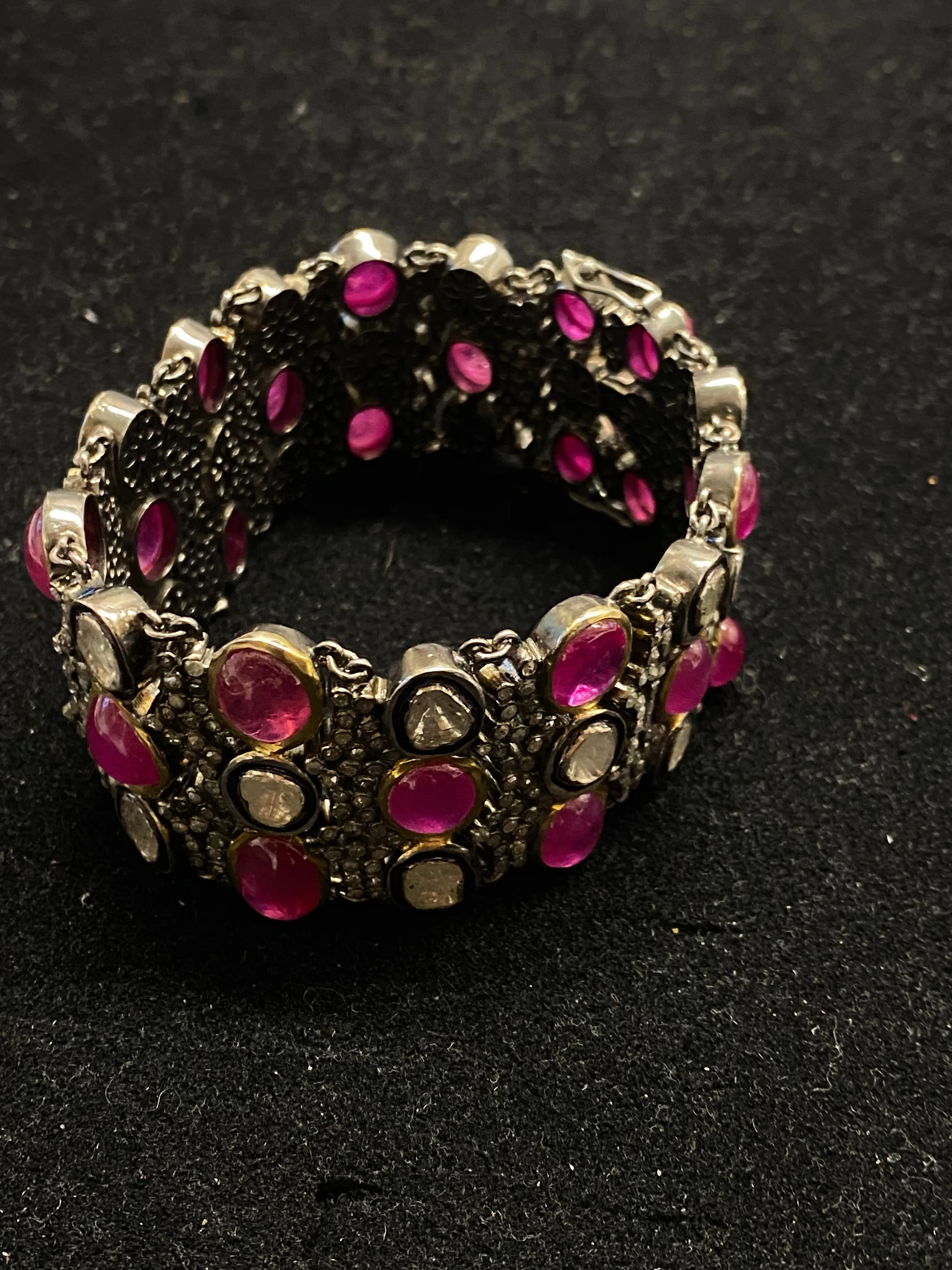 Beautiful Antique Design Large Diamond and Ruby Bracelet in Silver & Gold - $80K Appraisal Value!}