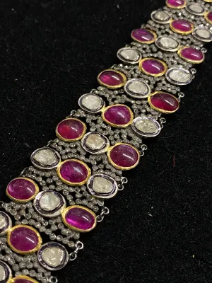 Beautiful Antique Design Large Diamond and Ruby Bracelet in Silver & Gold - $80K Appraisal Value!}