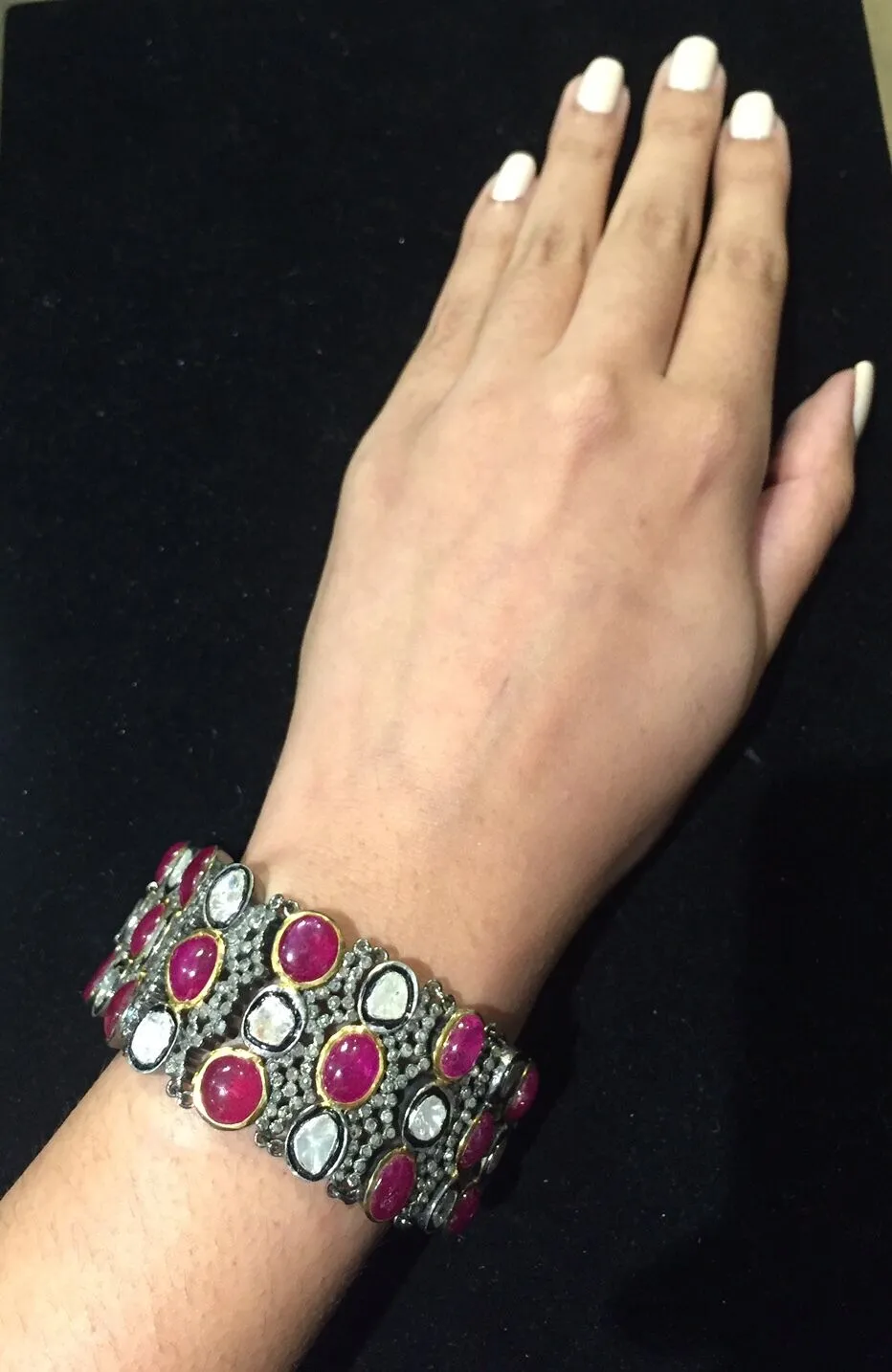 Beautiful Antique Design Large Diamond and Ruby Bracelet in Silver & Gold - $80K Appraisal Value!}