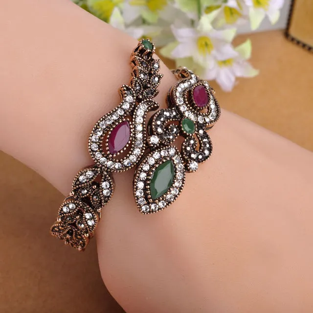 Blucome Latest Vintage Women Party Bangles Red Acrylic Resin Tulip Flower Bracelets Full Crystal Turkish Bijuterias Hand Jewelry