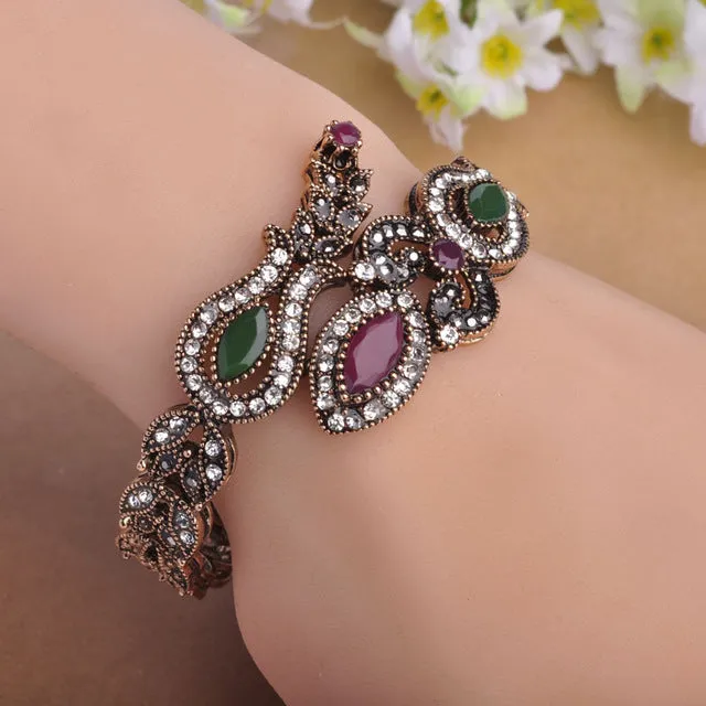 Blucome Latest Vintage Women Party Bangles Red Acrylic Resin Tulip Flower Bracelets Full Crystal Turkish Bijuterias Hand Jewelry