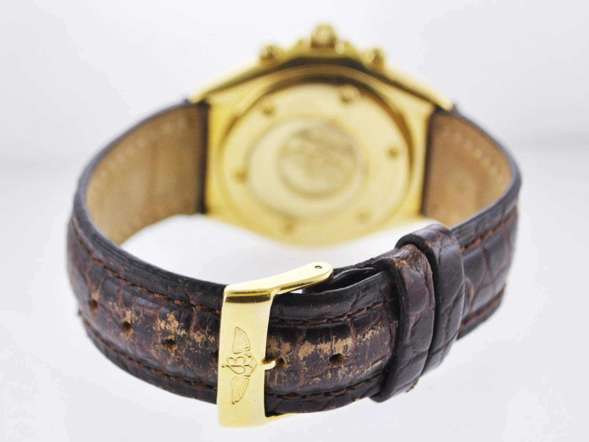 BREITLING Sextant 18K Yellow Gold Date Chronograph w/ Gray & Blue Dial, 3 Sub-dials - $24K VALUE