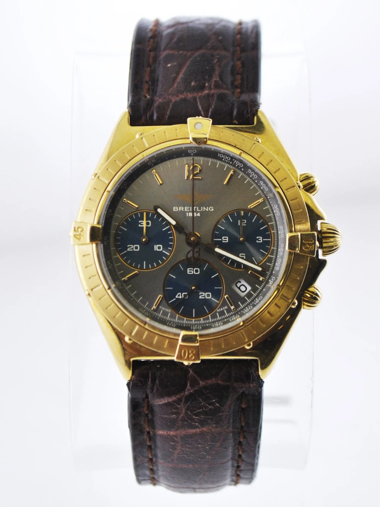 BREITLING Sextant 18K Yellow Gold Date Chronograph w/ Gray & Blue Dial, 3 Sub-dials - $24K VALUE