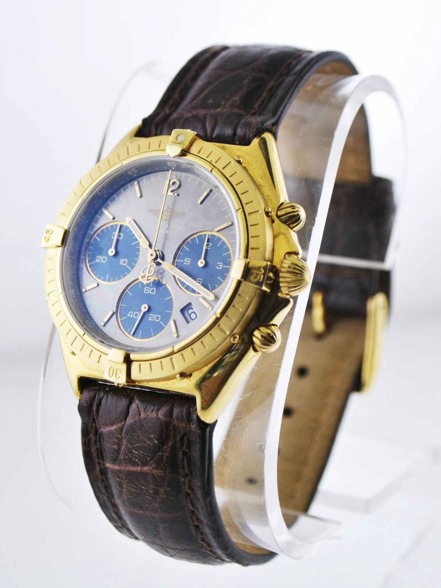 BREITLING Sextant 18K Yellow Gold Date Chronograph w/ Gray & Blue Dial, 3 Sub-dials - $24K VALUE
