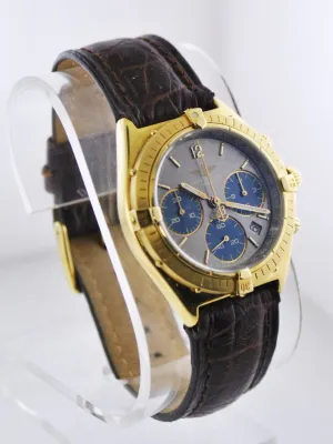 BREITLING Sextant 18K Yellow Gold Date Chronograph w/ Gray & Blue Dial, 3 Sub-dials - $24K VALUE