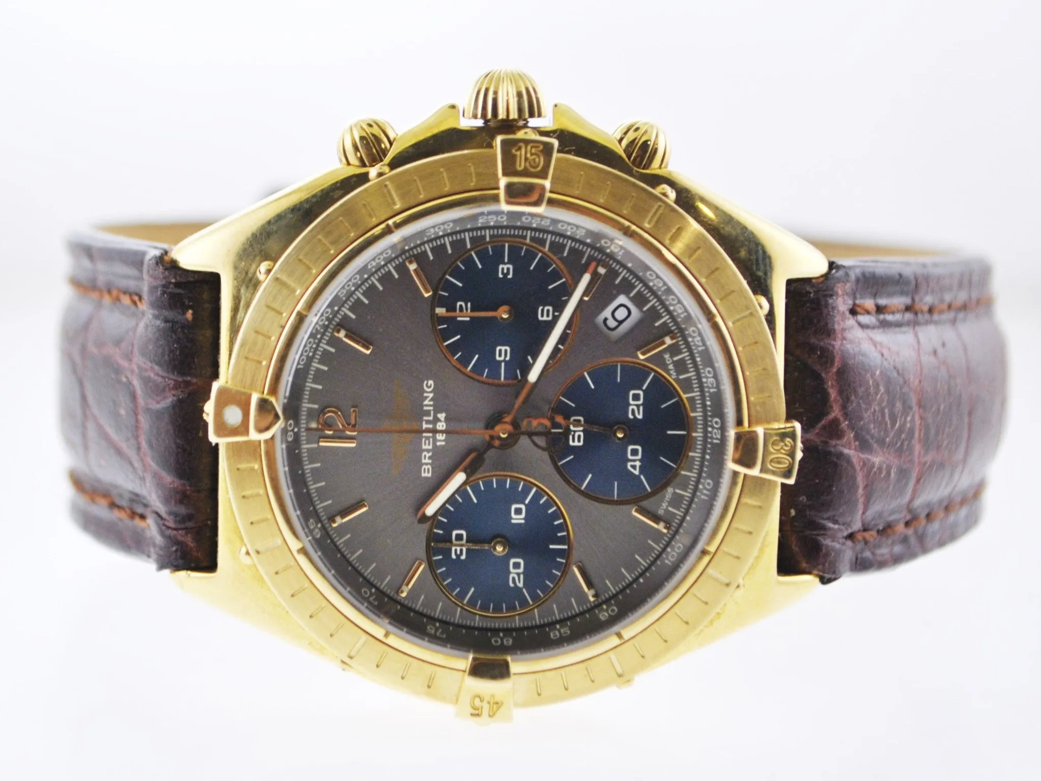 BREITLING Sextant 18K Yellow Gold Date Chronograph w/ Gray & Blue Dial, 3 Sub-dials - $24K VALUE