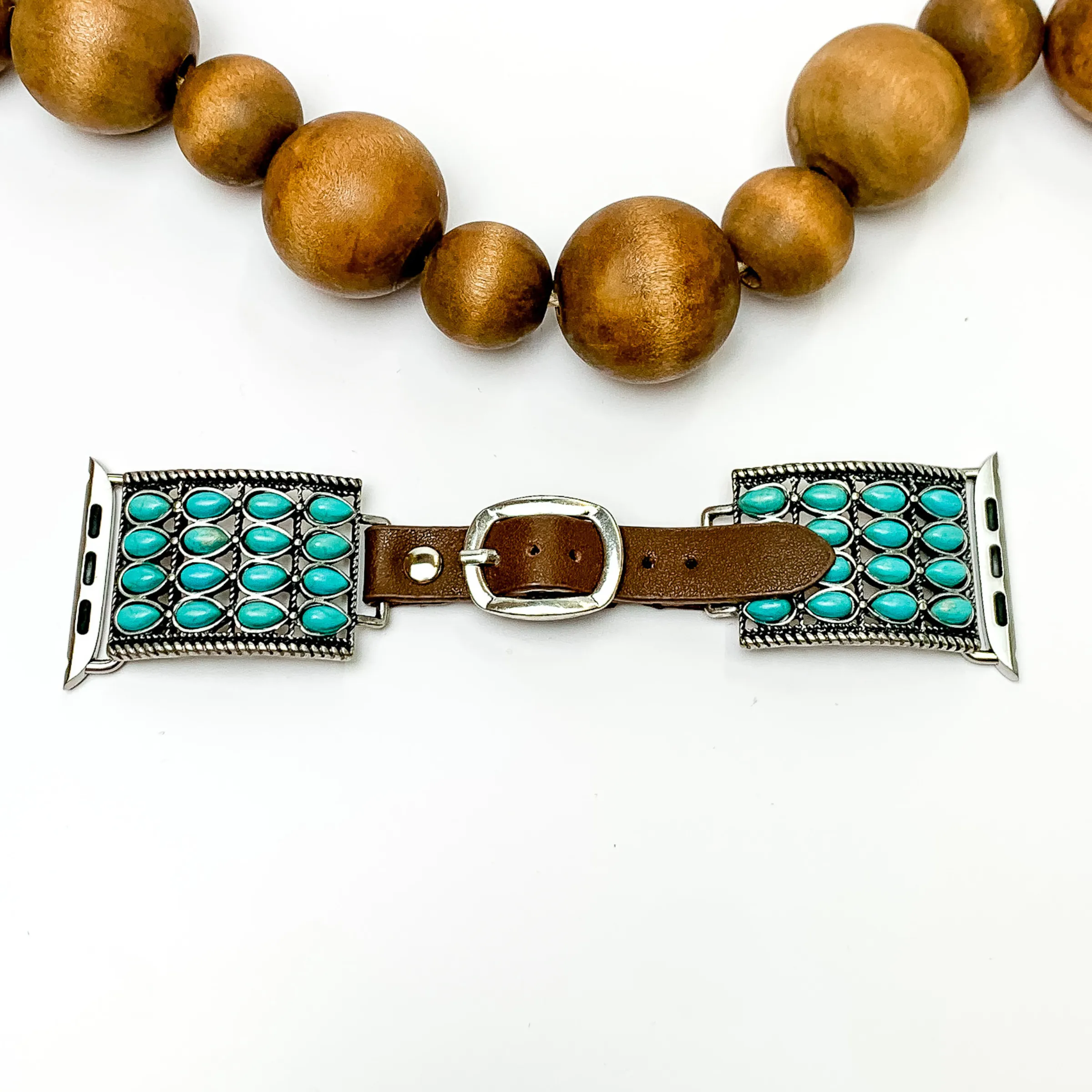 Brown Smart Watch Band with Rope Detailing Square Pendant and Turquoise Stones
