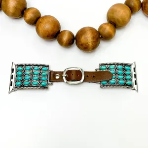 Brown Smart Watch Band with Rope Detailing Square Pendant and Turquoise Stones