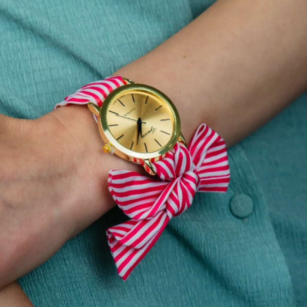 Brown Stripe Cloth Changeable Cotton Tie Knot Strap Geneva Boho Wristwatch