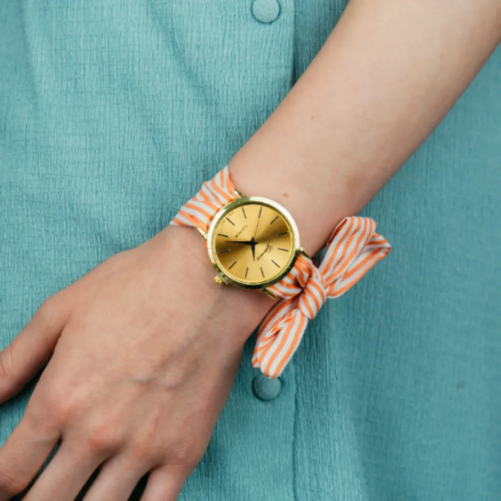 Brown Stripe Cloth Changeable Cotton Tie Knot Strap Geneva Boho Wristwatch