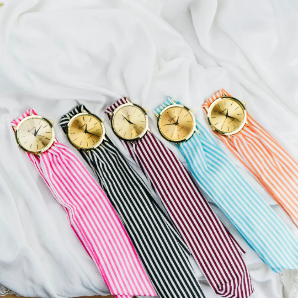 Brown Stripe Cloth Changeable Cotton Tie Knot Strap Geneva Boho Wristwatch