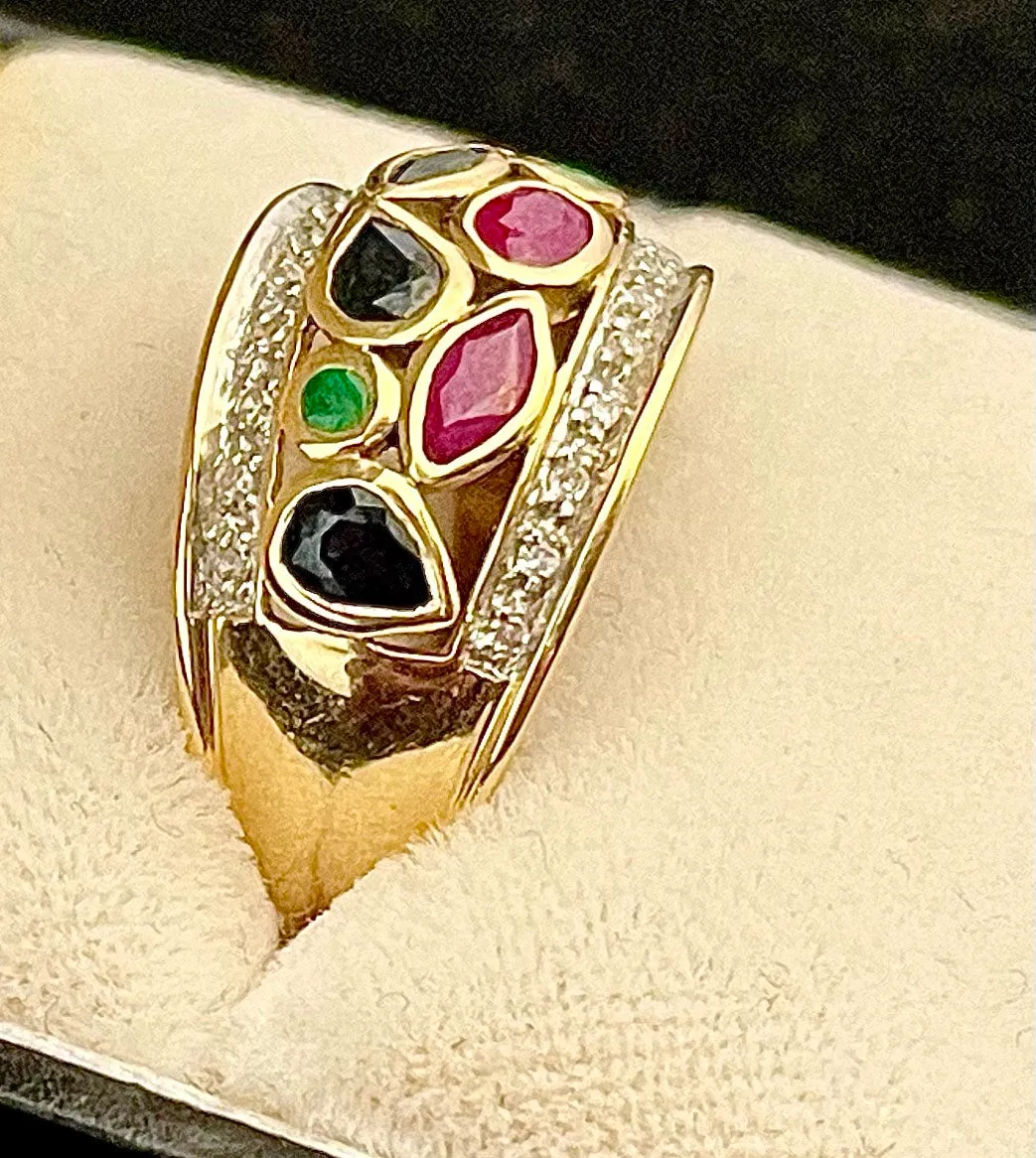 Bulgari style Designer SYG w Sapphire, Ruby, Emer & Diamond Ring - $6K APR w/CoA!