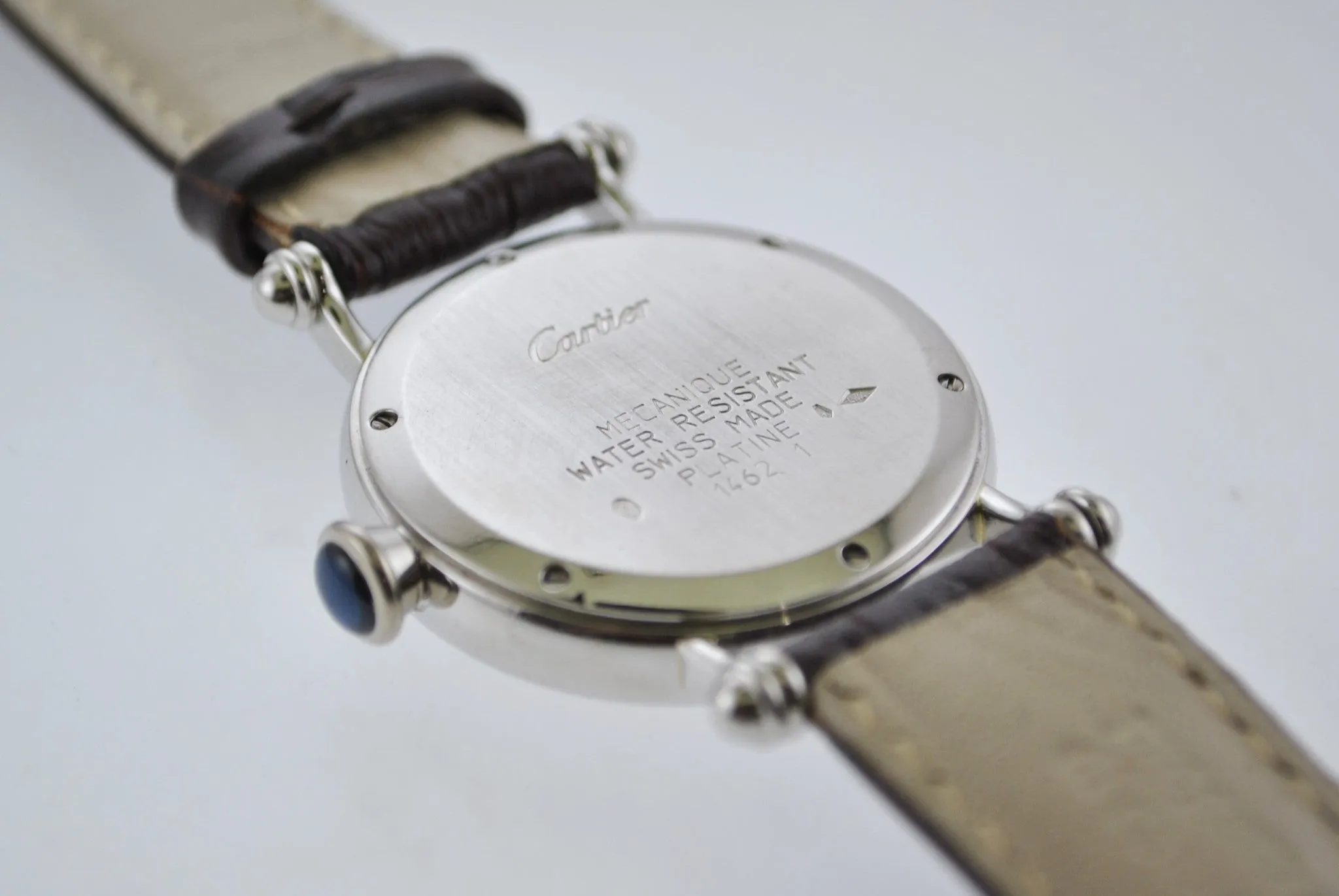 Cartier Diabolo 1462 Men's Wristwatch Large Platinum Round Case Cabochon Sapphire Crocodile Style Strap w/COA - $40K VALUE