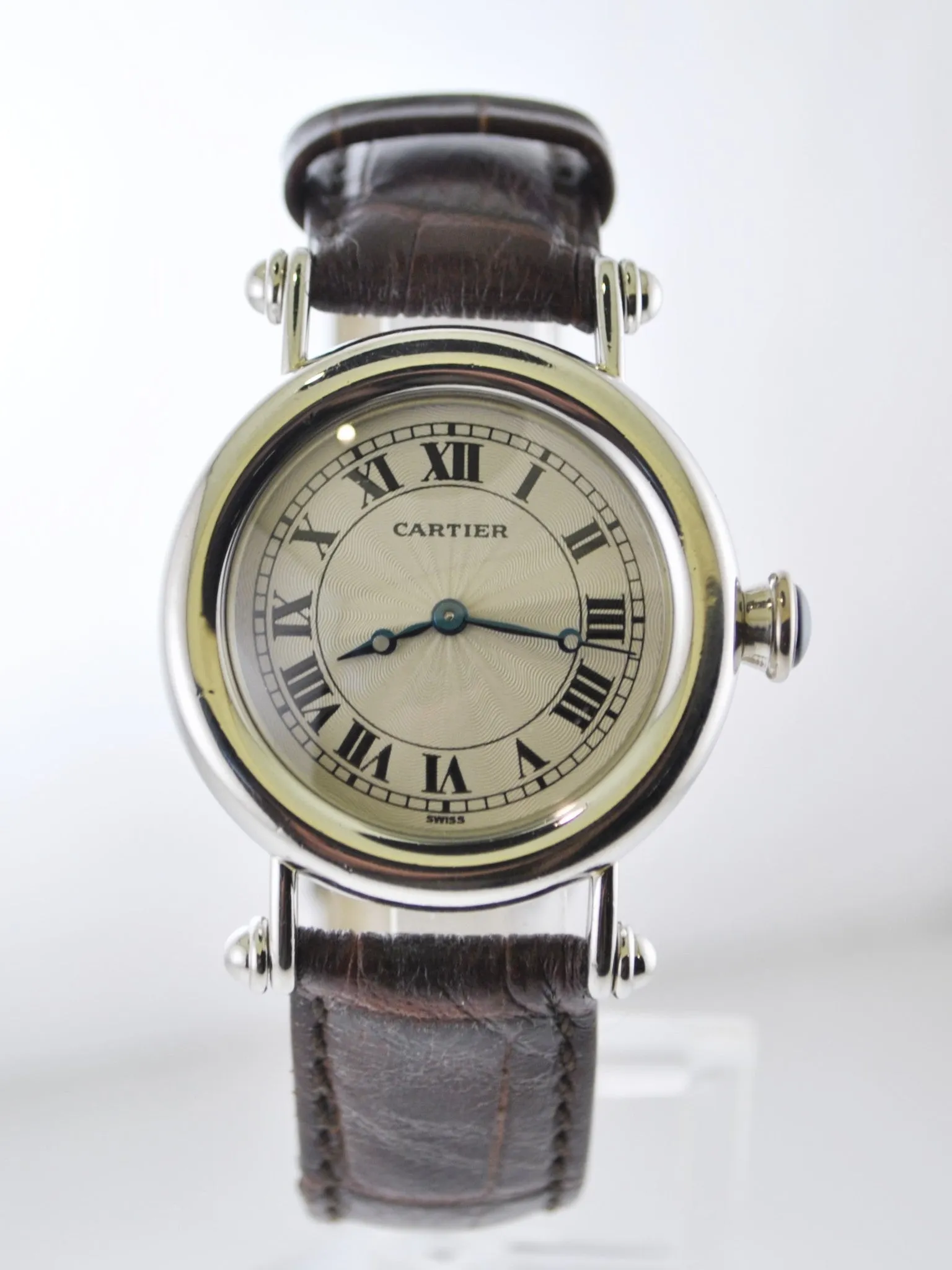 Cartier Diabolo 1462 Men's Wristwatch Large Platinum Round Case Cabochon Sapphire Crocodile Style Strap w/COA - $40K VALUE