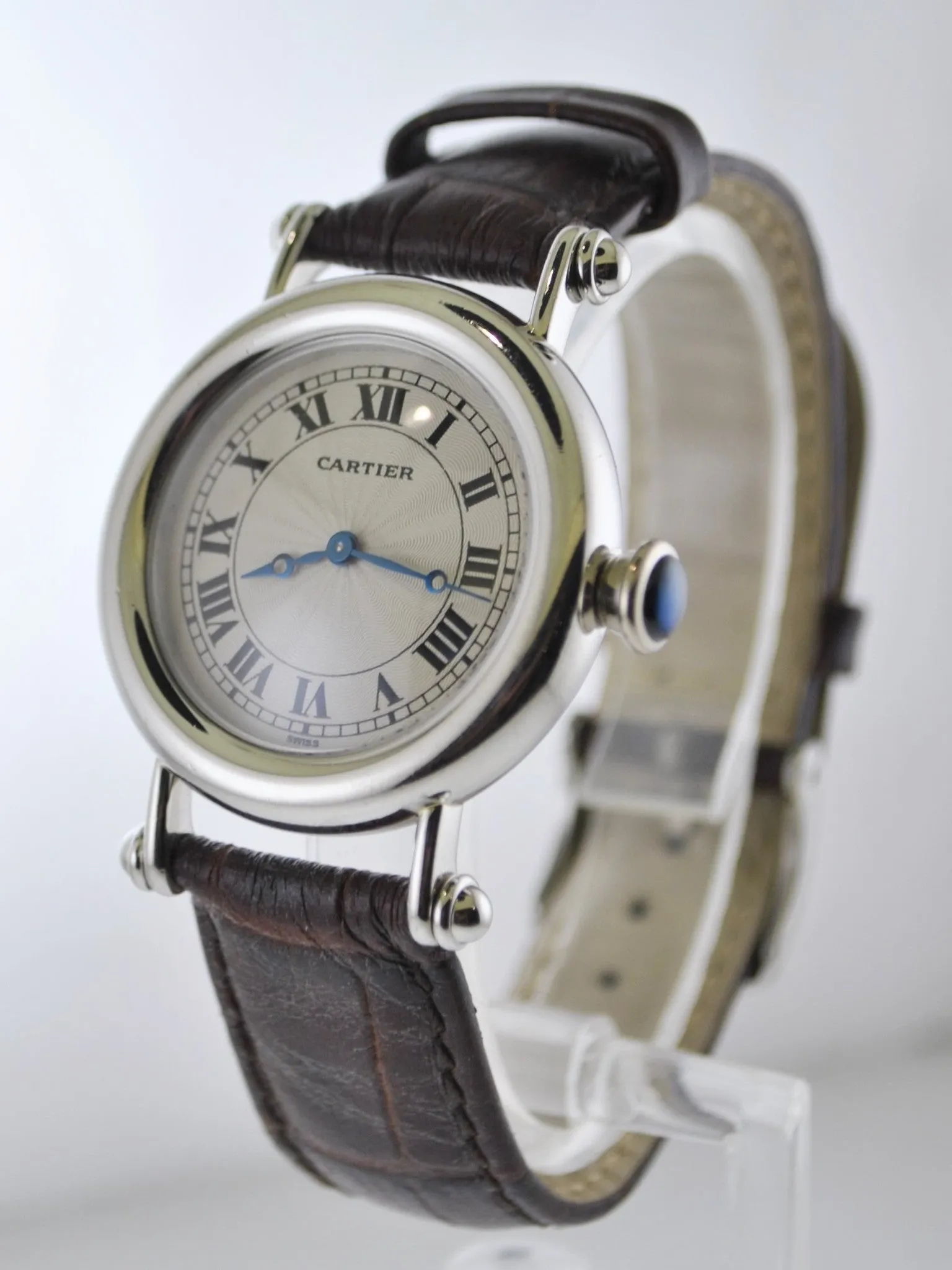 Cartier Diabolo 1462 Men's Wristwatch Large Platinum Round Case Cabochon Sapphire Crocodile Style Strap w/COA - $40K VALUE