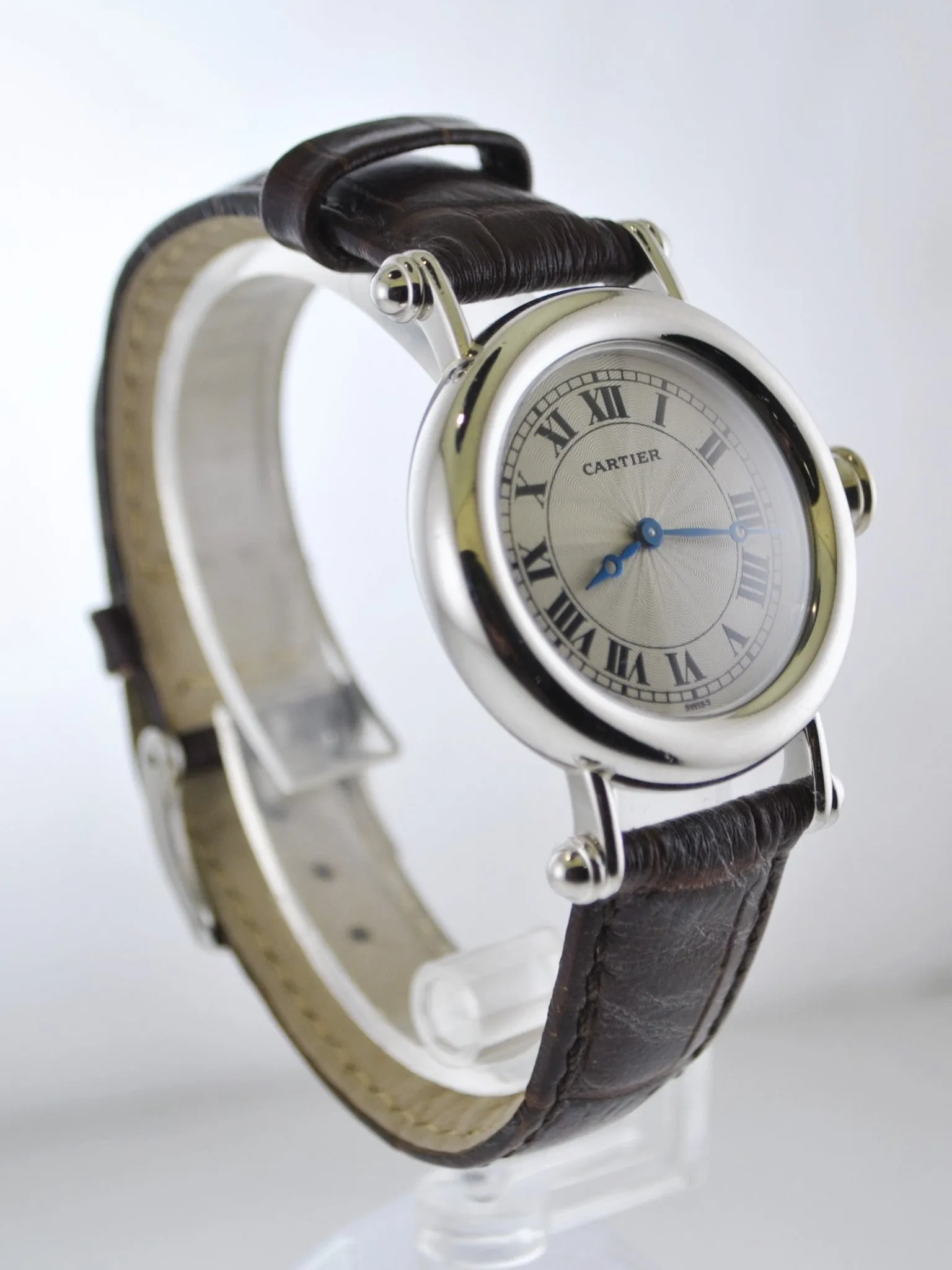 Cartier Diabolo 1462 Men's Wristwatch Large Platinum Round Case Cabochon Sapphire Crocodile Style Strap w/COA - $40K VALUE