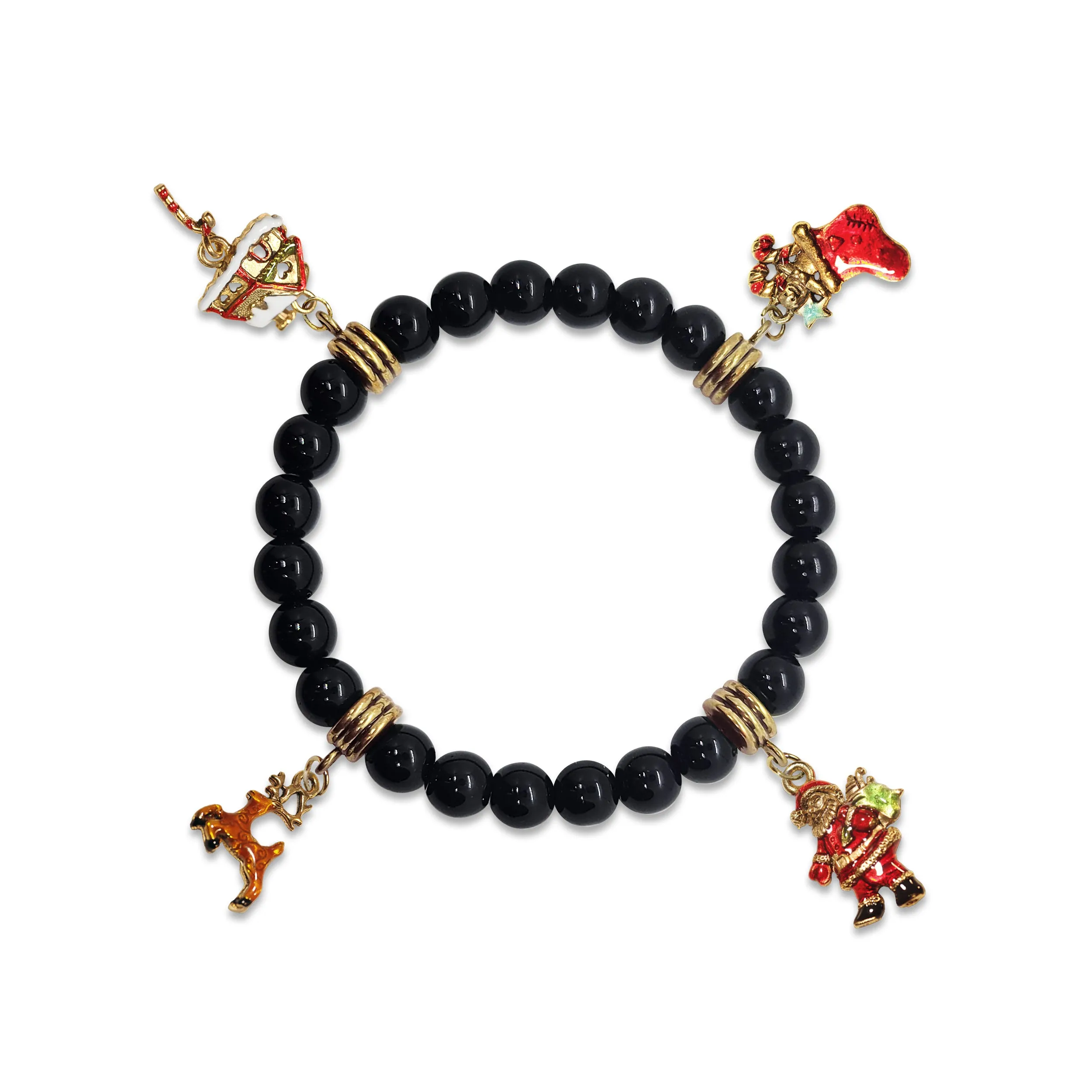Christmas Genuine Onyx Charm Bracelet | Handmade in USA | 4 Hand-Painted Charms