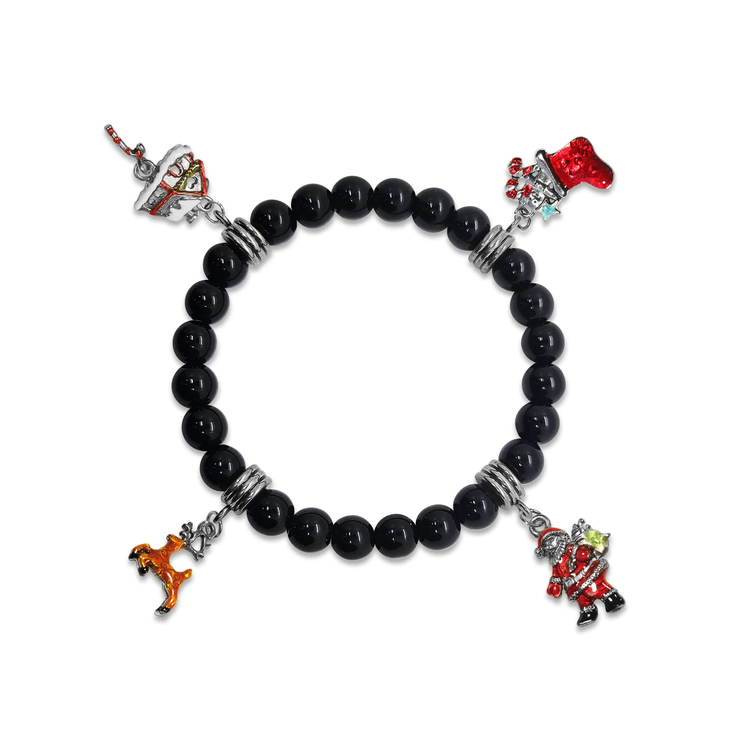 Christmas Genuine Onyx Charm Bracelet | Handmade in USA | 4 Hand-Painted Charms