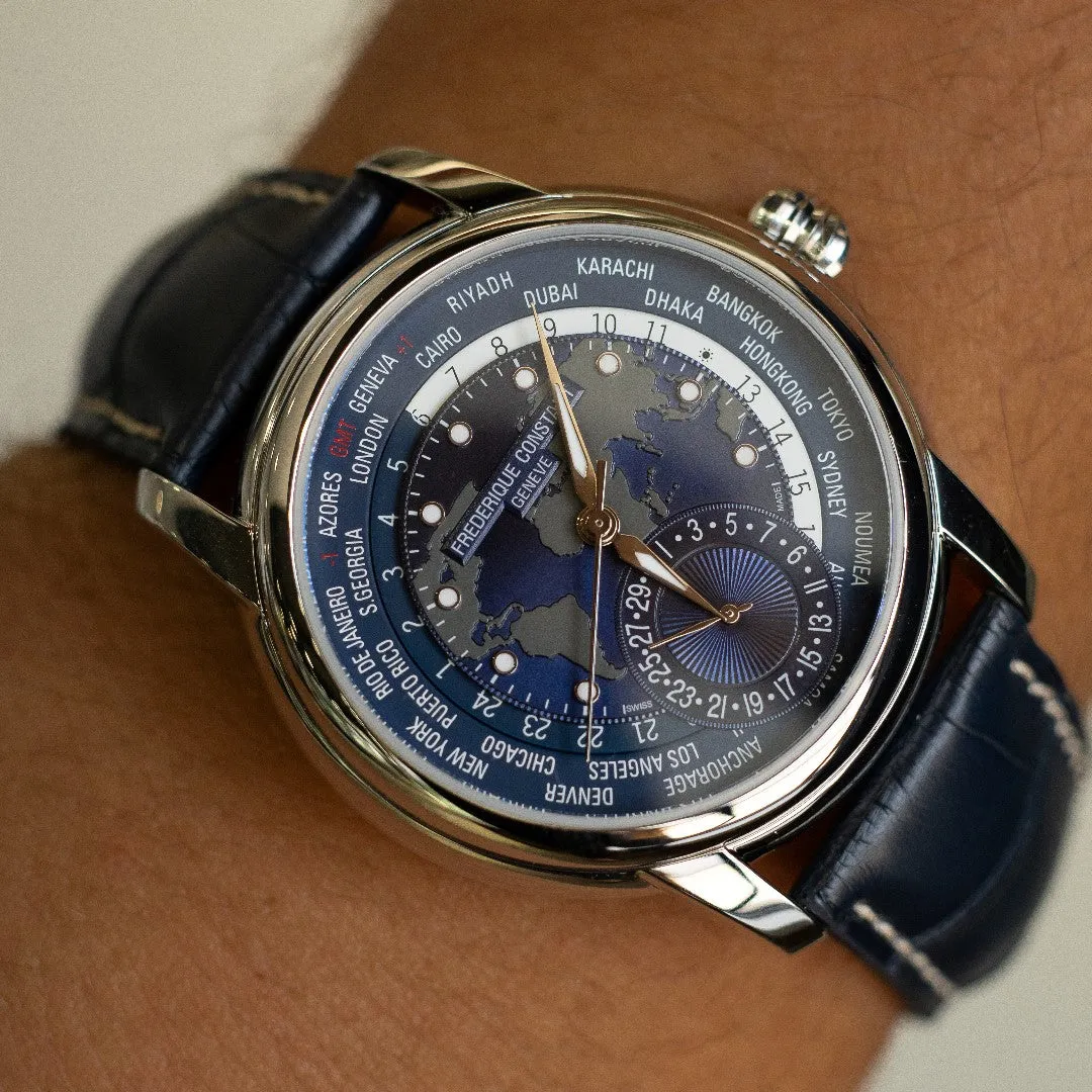 Classic Worldtimer Manufacture Blue Leather Strap by Frederique Constant