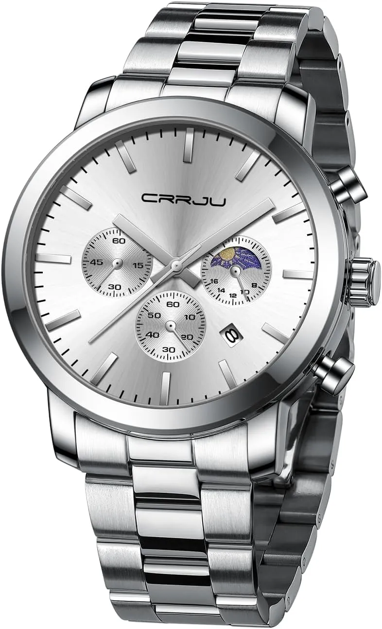 CRRJU Watches for Men Luxury Business Stainless Steel Waterproof Calendar Chronograph Analog Quartz Wristwatches