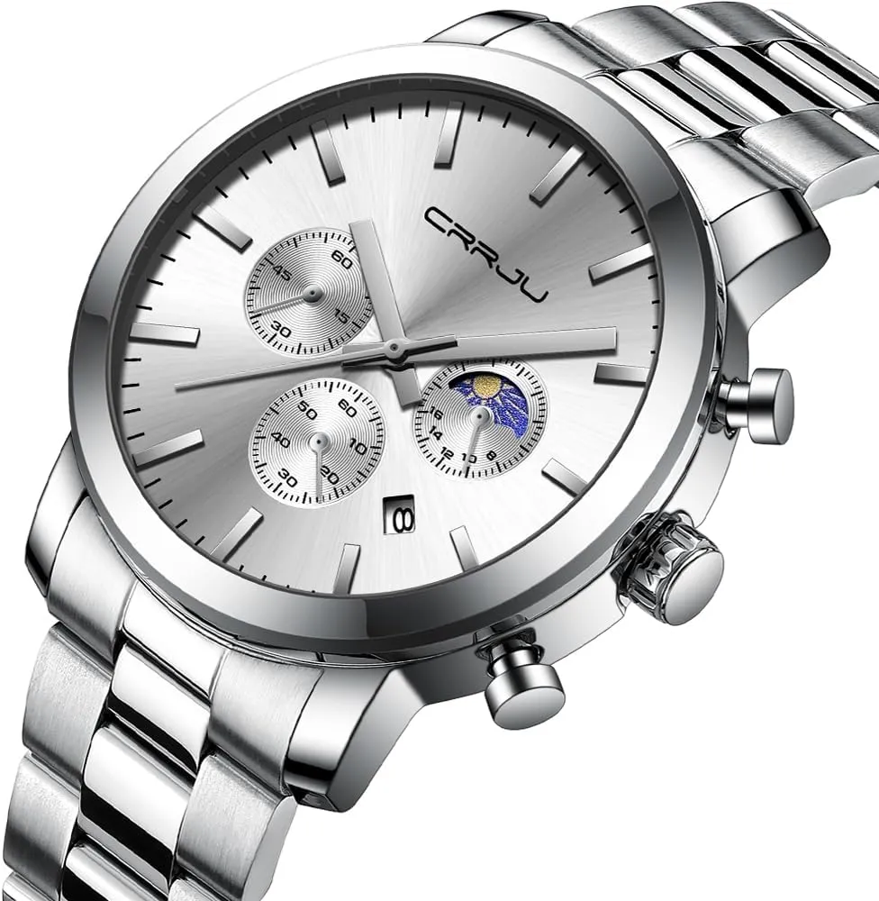 CRRJU Watches for Men Luxury Business Stainless Steel Waterproof Calendar Chronograph Analog Quartz Wristwatches