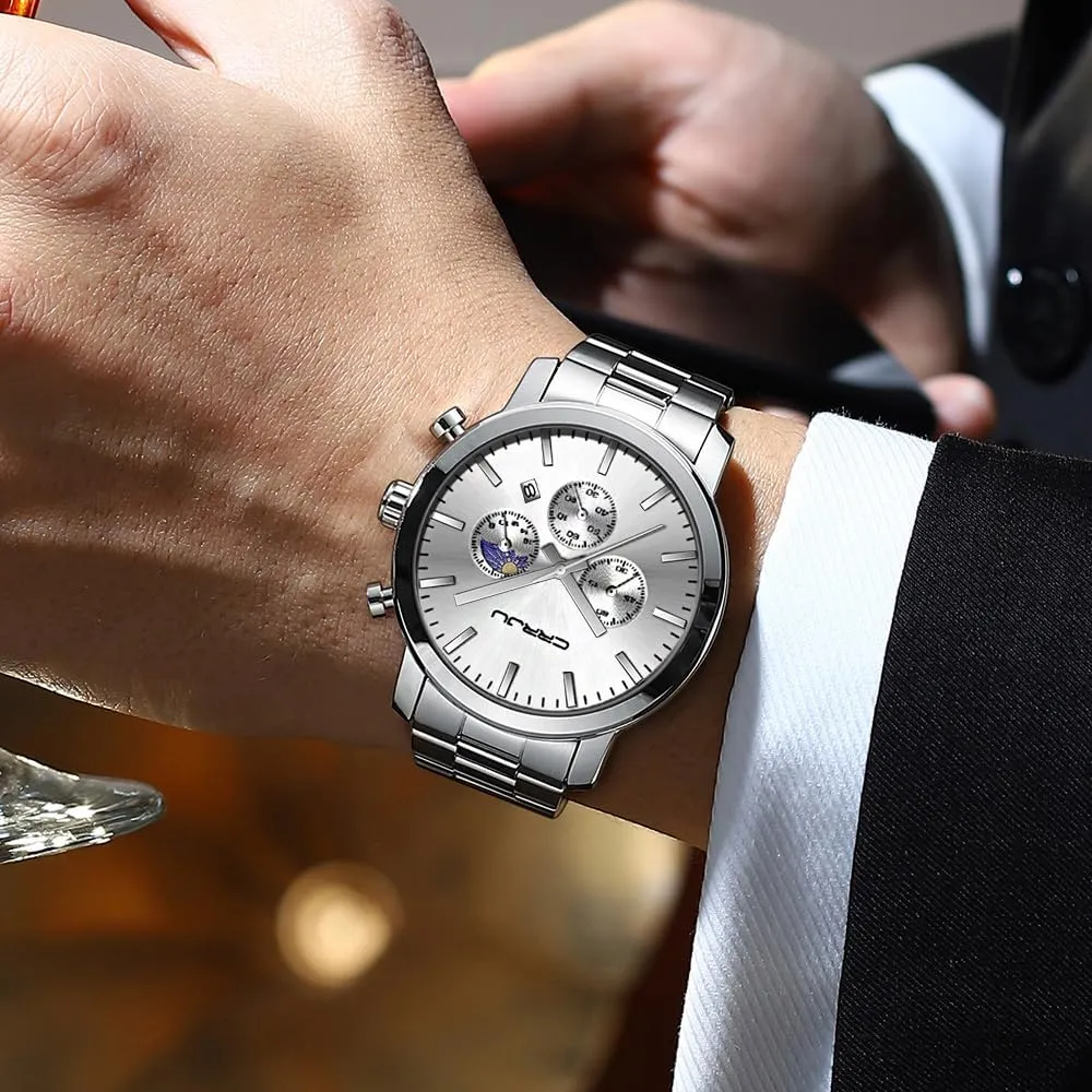 CRRJU Watches for Men Luxury Business Stainless Steel Waterproof Calendar Chronograph Analog Quartz Wristwatches