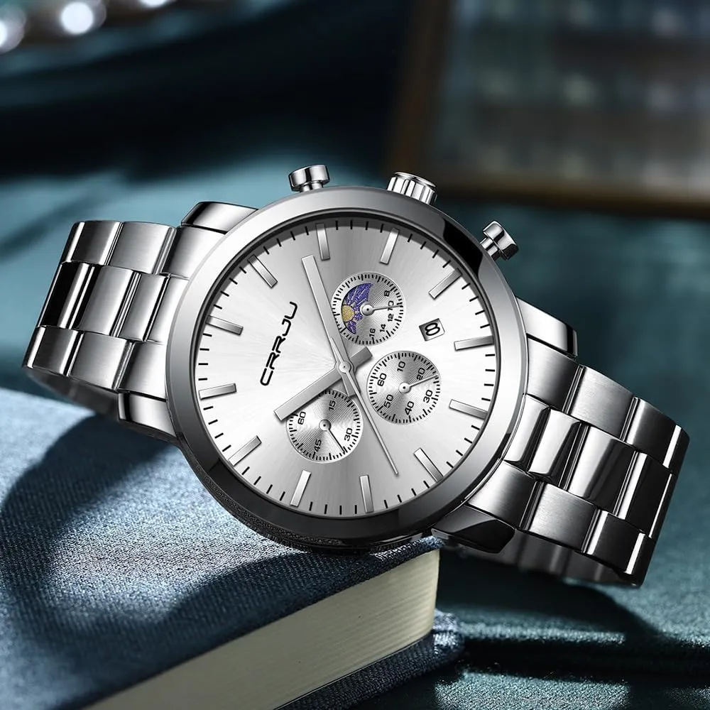 CRRJU Watches for Men Luxury Business Stainless Steel Waterproof Calendar Chronograph Analog Quartz Wristwatches