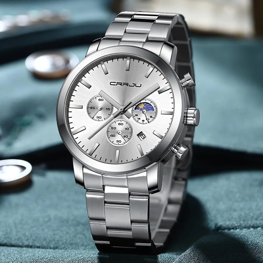 CRRJU Watches for Men Luxury Business Stainless Steel Waterproof Calendar Chronograph Analog Quartz Wristwatches