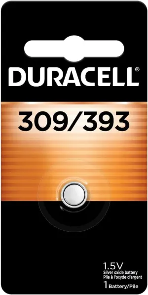 Duracell 309/393 Silver Oxide Button Battery, 1 Count Pack, 309/393 1.5 Volt Battery, Long-Lasting for Watches, Medical Devices, Calculators, and More