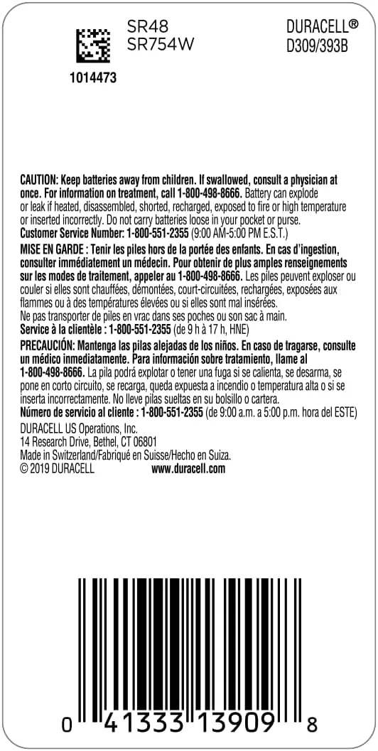 Duracell 309/393 Silver Oxide Button Battery, 1 Count Pack, 309/393 1.5 Volt Battery, Long-Lasting for Watches, Medical Devices, Calculators, and More