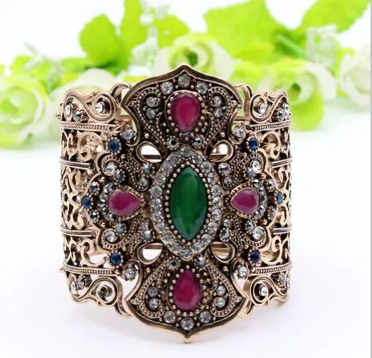 Ethnic Turkish Women Broadside Bangles Bracelets Adjustable Size Antique Gold Color Resin Jewelry Hollow Flower Bride Bangle