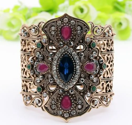Ethnic Turkish Women Broadside Bangles Bracelets Adjustable Size Antique Gold Color Resin Jewelry Hollow Flower Bride Bangle