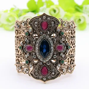 Ethnic Turkish Women Broadside Bangles Bracelets Adjustable Size Antique Gold Color Resin Jewelry Hollow Flower Bride Bangle