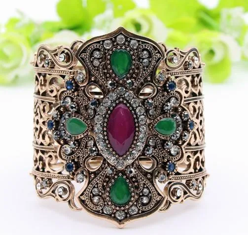 Ethnic Turkish Women Broadside Bangles Bracelets Adjustable Size Antique Gold Color Resin Jewelry Hollow Flower Bride Bangle