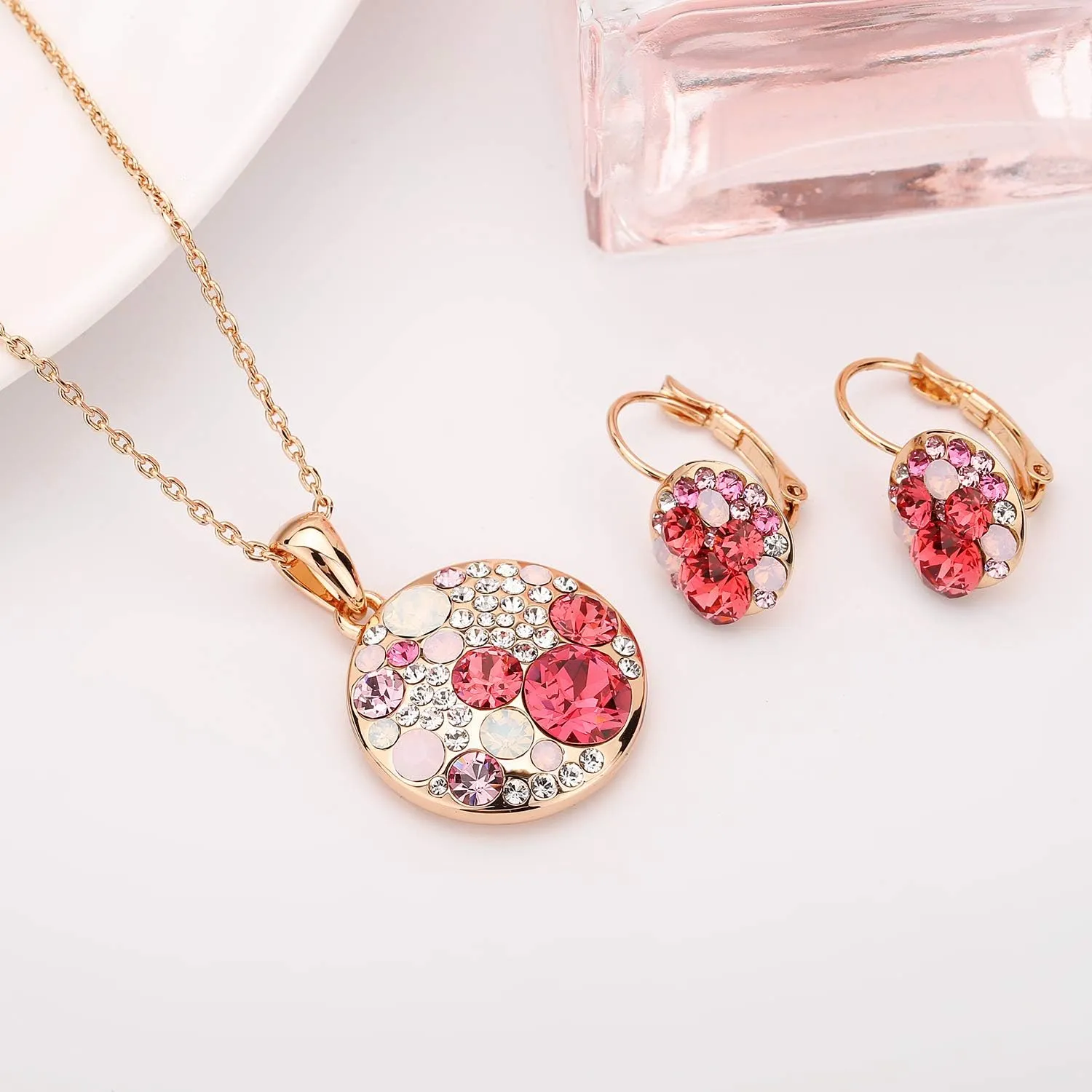 EVEVIC Austrian Crystals Round Disc Pendant Necklace Earrings for Women 14K Gold Plated Hypoallergenic Jewelry Sets