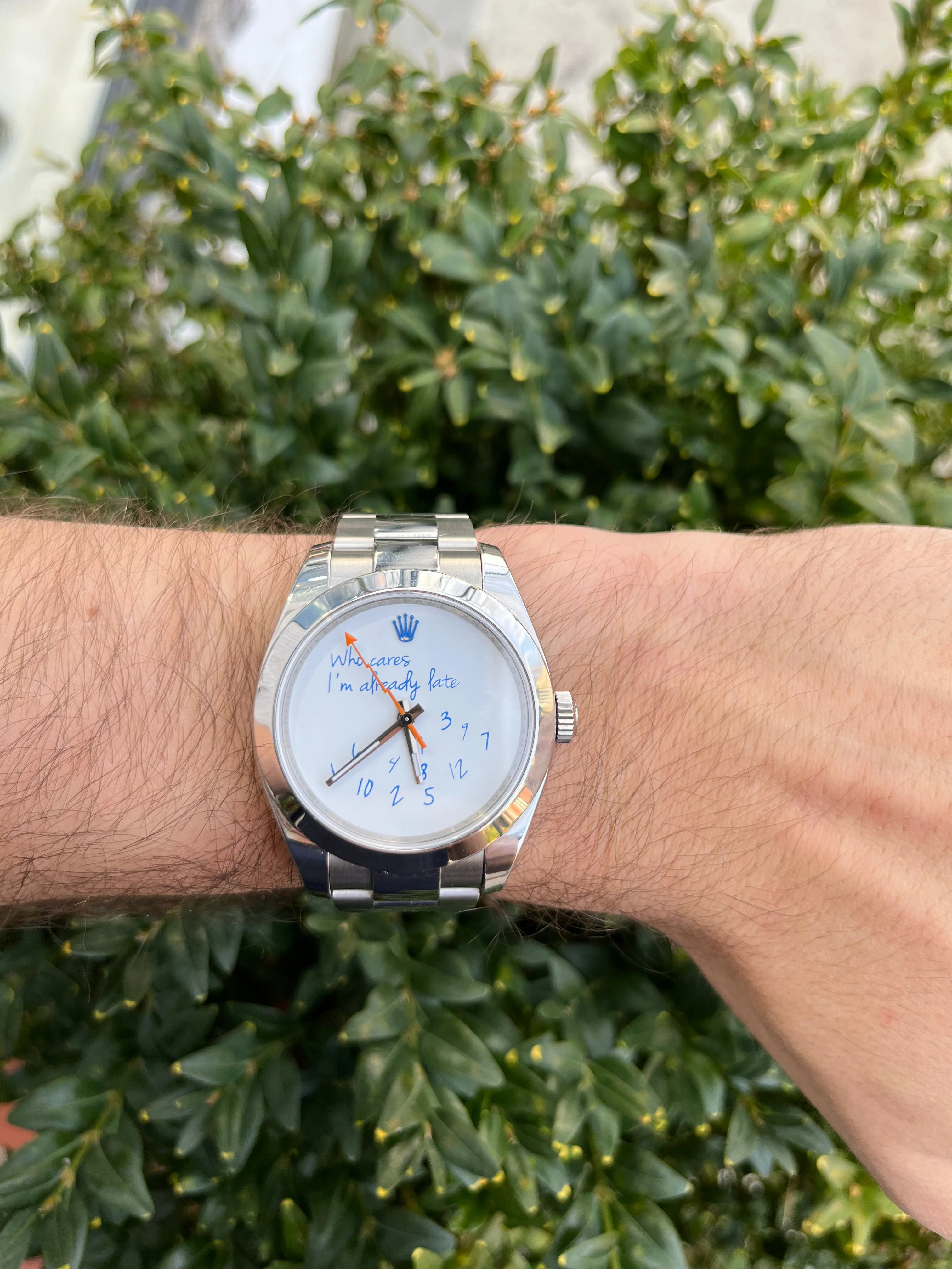 Exclusive 40mm Rolex Milgauss "Who cares I'm already late" custom dial blue font