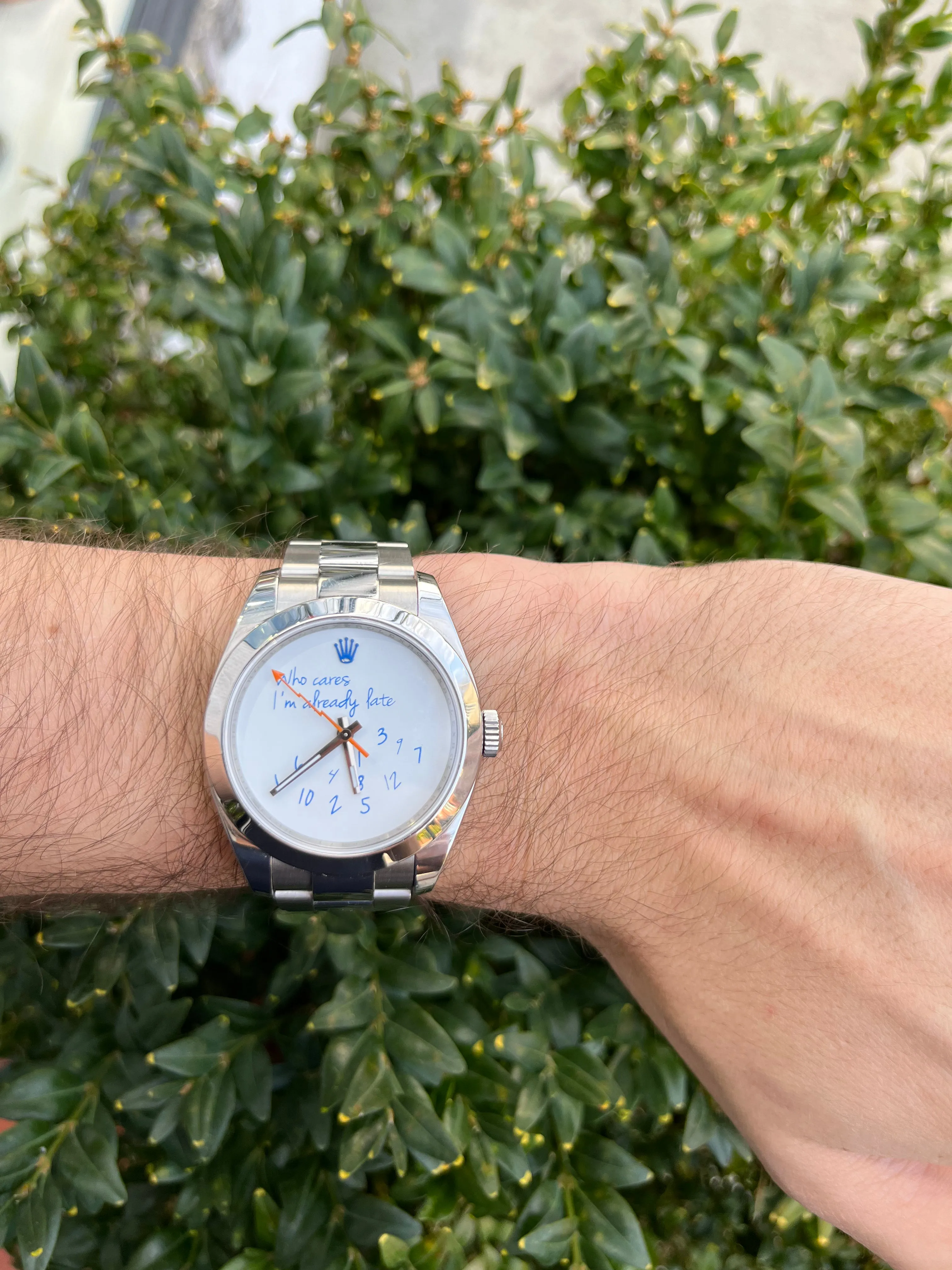 Exclusive 40mm Rolex Milgauss "Who cares I'm already late" custom dial blue font