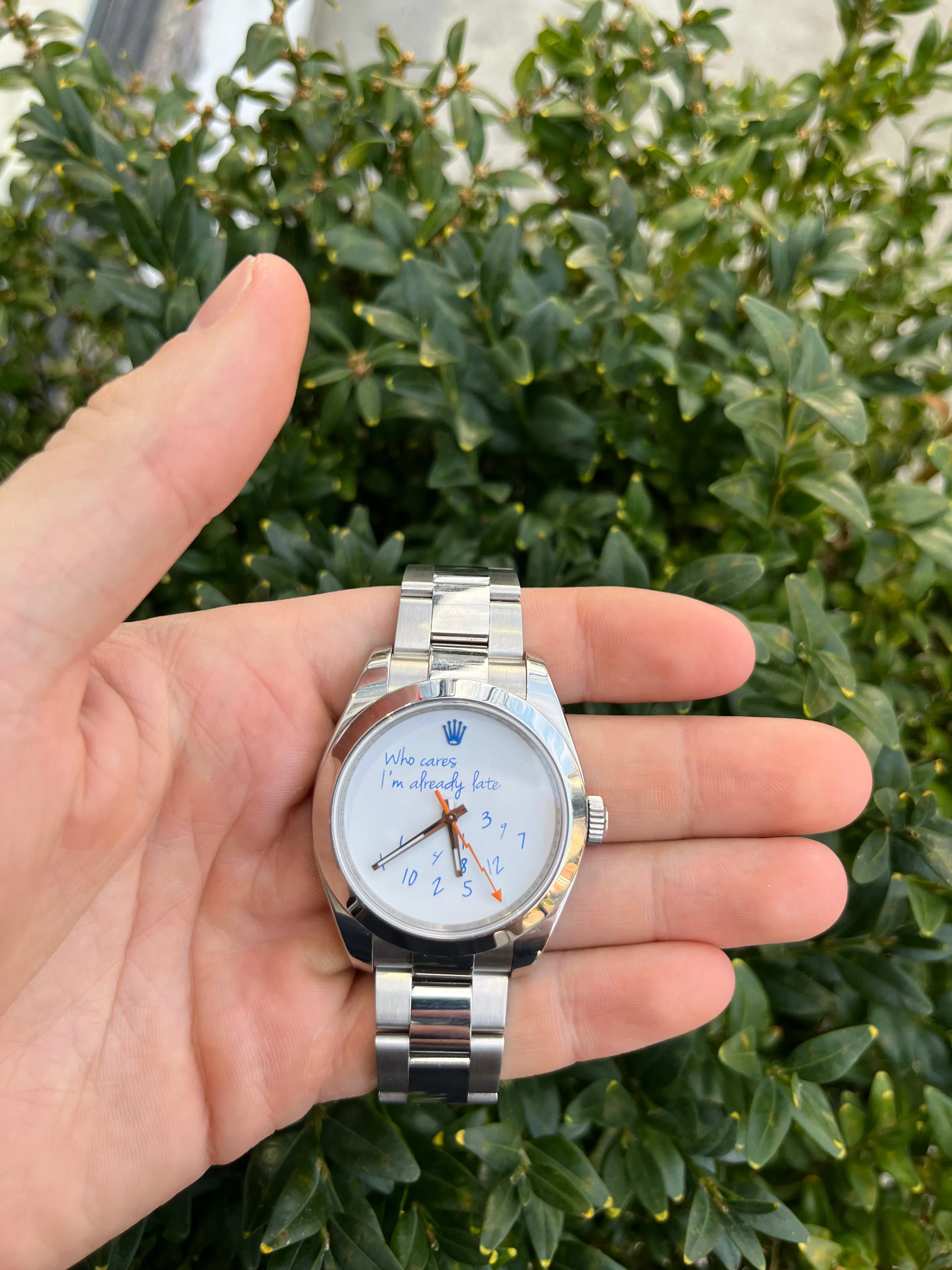 Exclusive 40mm Rolex Milgauss "Who cares I'm already late" custom dial blue font