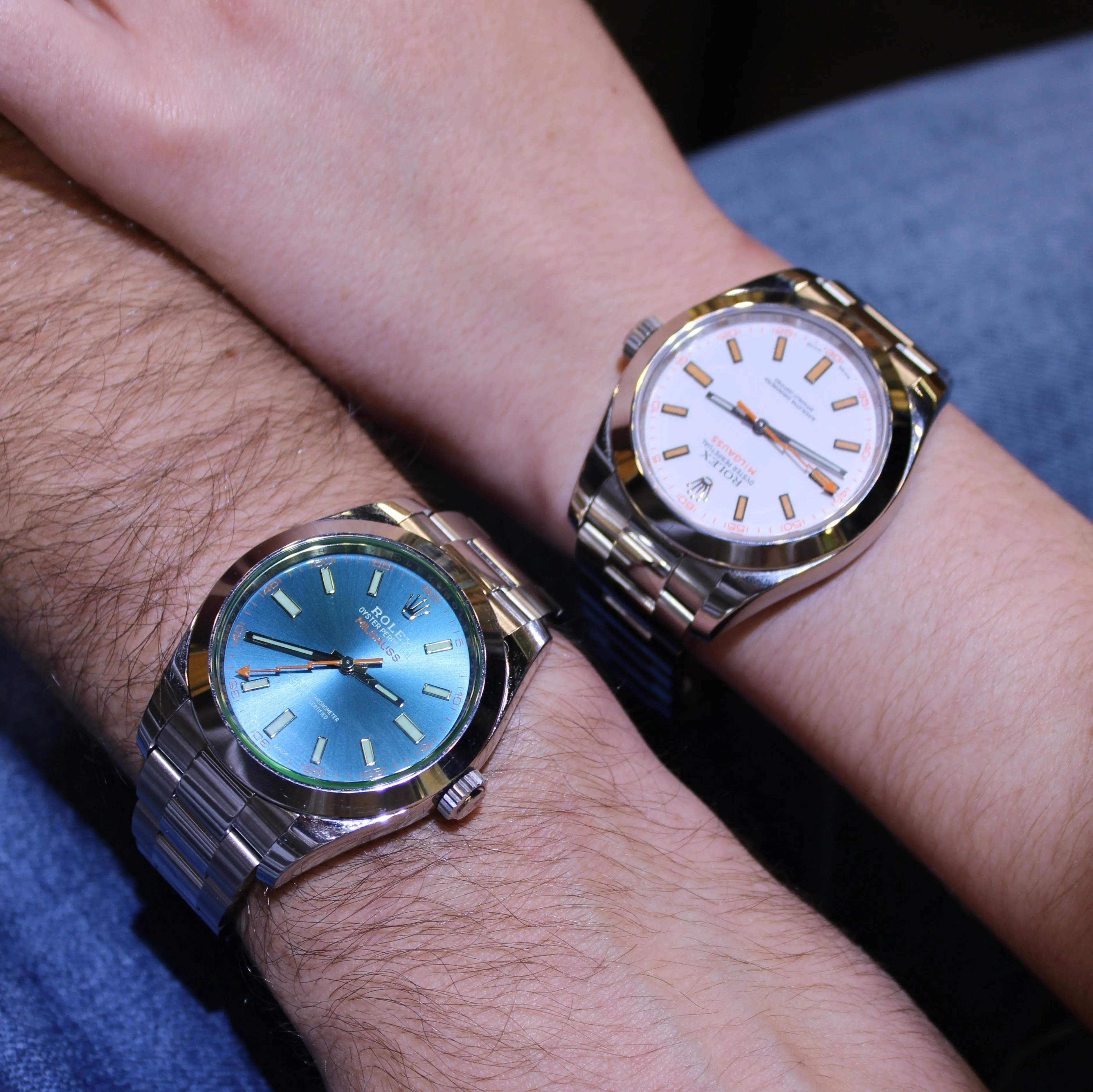 Exclusive 40mm Rolex Milgauss "Who cares I'm already late" custom dial blue font