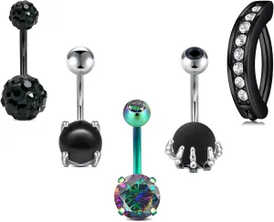 FECTAS 14g Black Belly Button Rings Stainless Steel Navel Ring for Women Men Body Piercing Jewelry 10mm 5 PCS