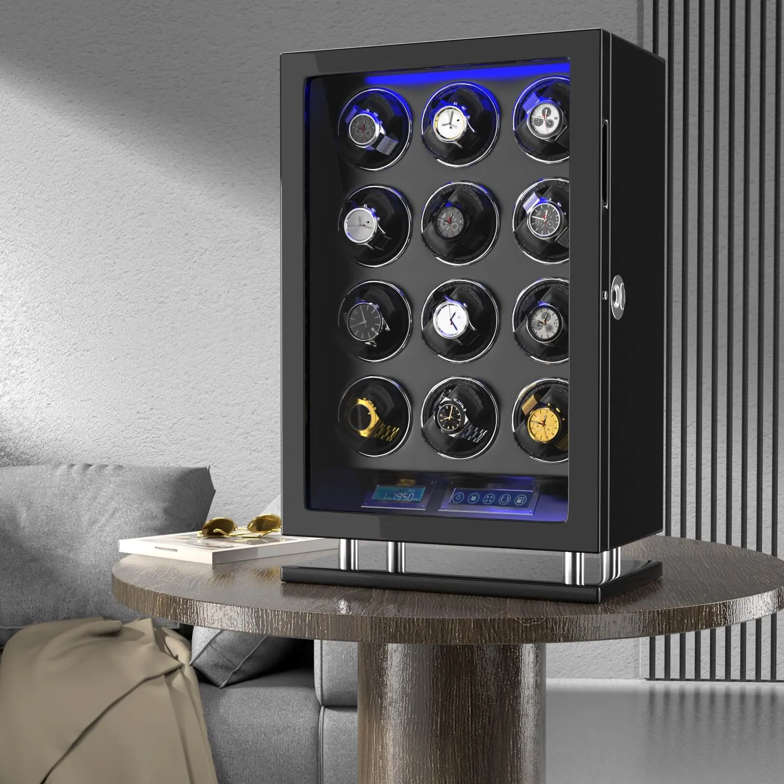 Fingerprint Unlock Watch Winder for 12 Automatic Watches with LCD Touchscreen Control