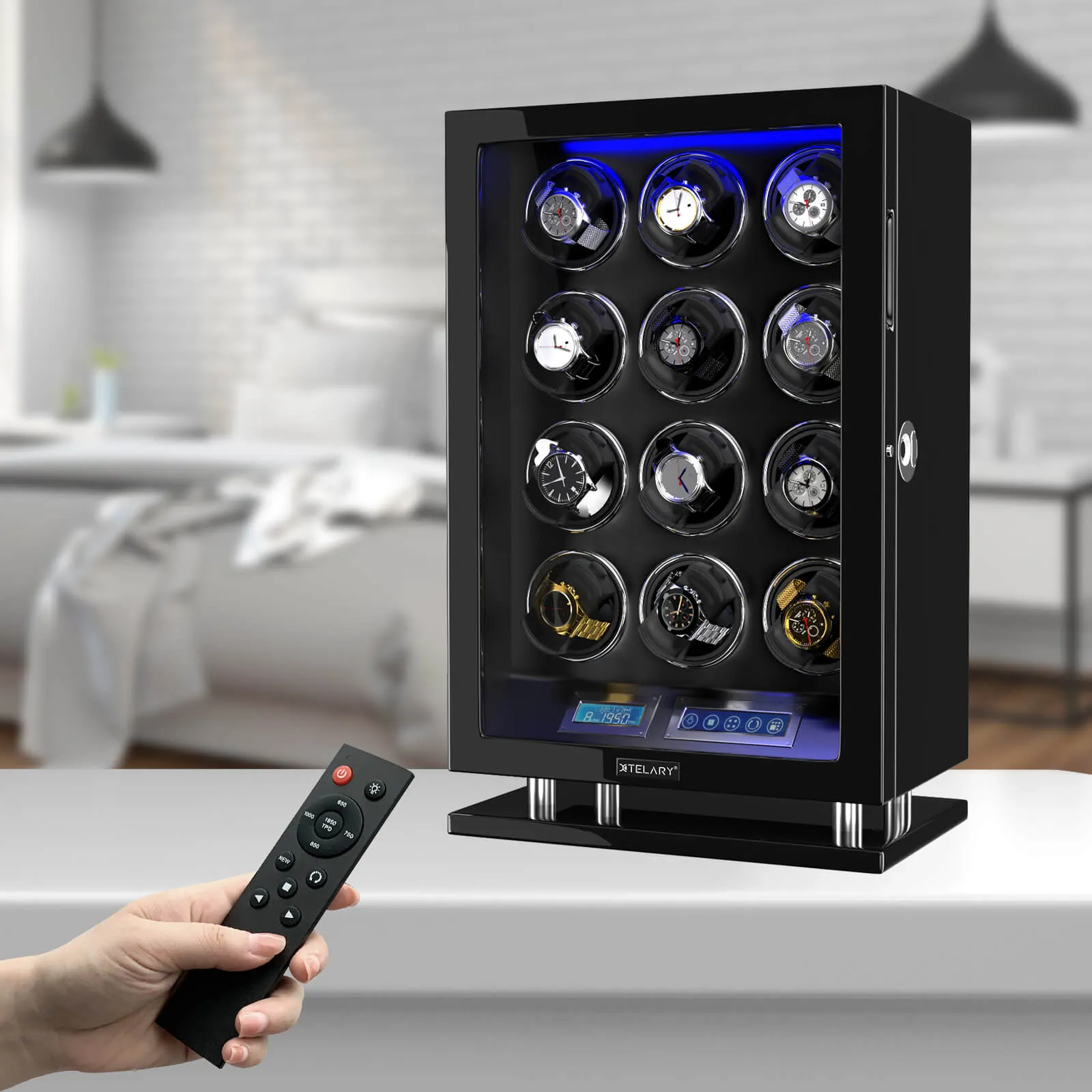 Fingerprint Unlock Watch Winder for 12 Automatic Watches with LCD Touchscreen Control