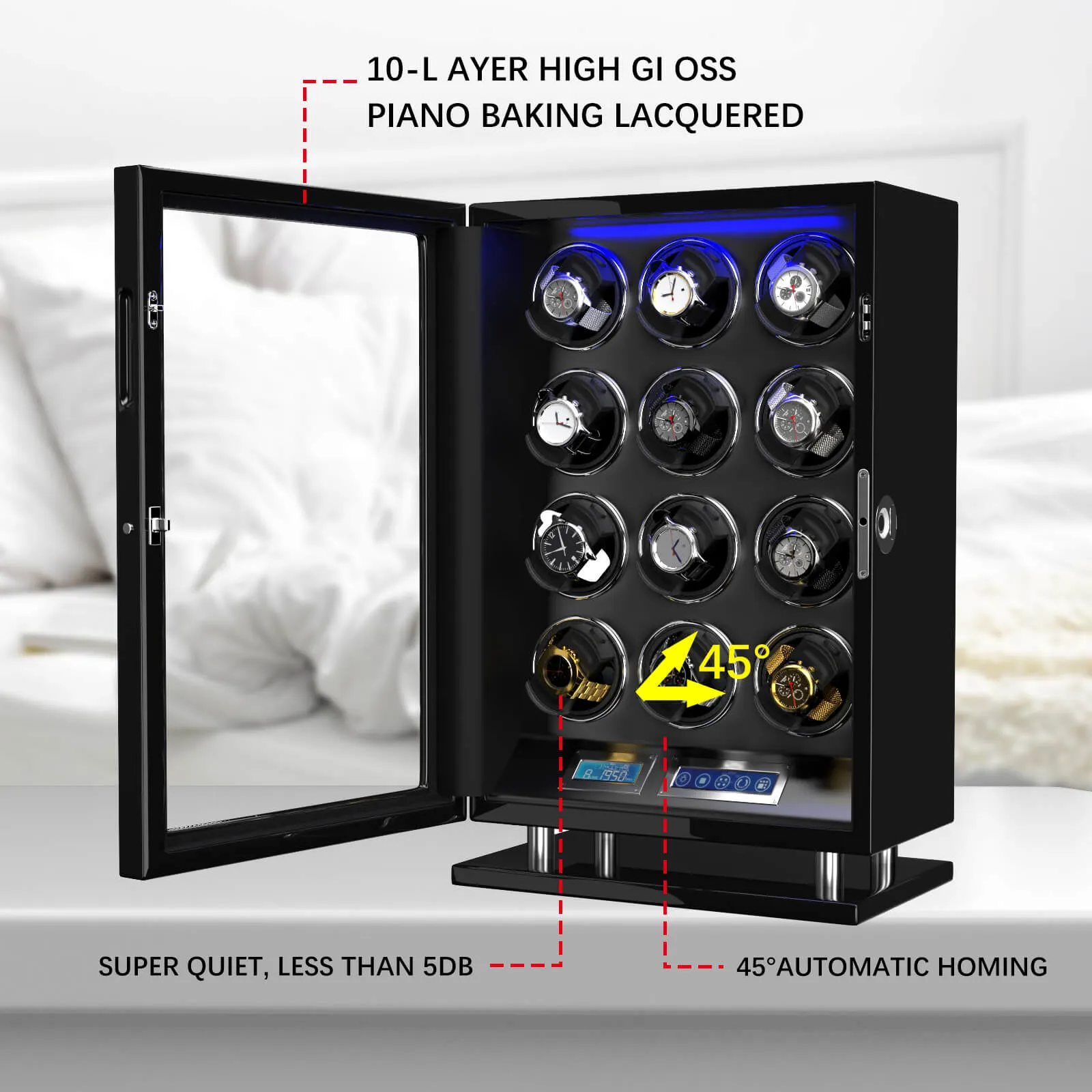 Fingerprint Unlock Watch Winder for 12 Automatic Watches with LCD Touchscreen Control